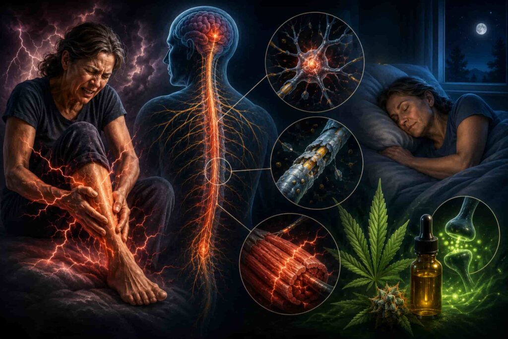 Illustration showing multiple sclerosis muscle spasms, nerve damage, and a patient finding relief and restful sleep through medical cannabis treatment.