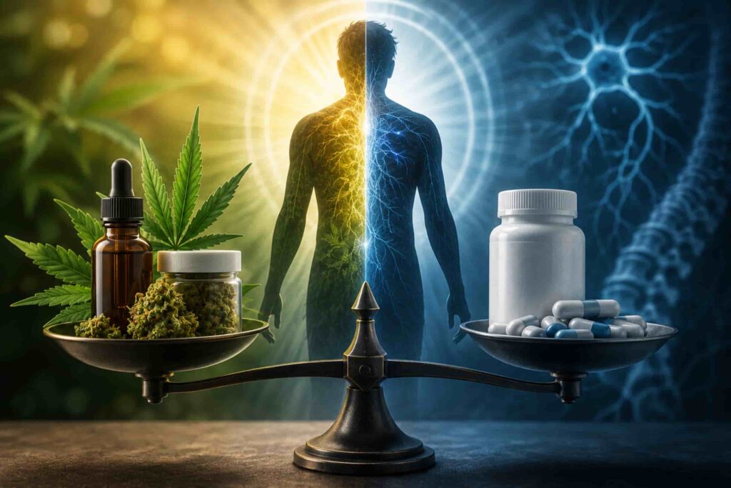 A conceptual infographic-style illustration comparing medical cannabis and gabapentin as treatment options for chronic nerve pain, featuring medical cannabis products balanced against prescription medication with a human nervous system in the background.