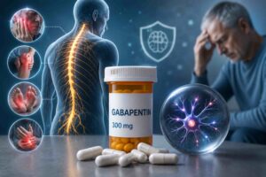 Medical infographic illustrating gabapentin for neuropathic pain, showing a prescription medication bottle, highlighted nervous system, and common areas affected by nerve pain.