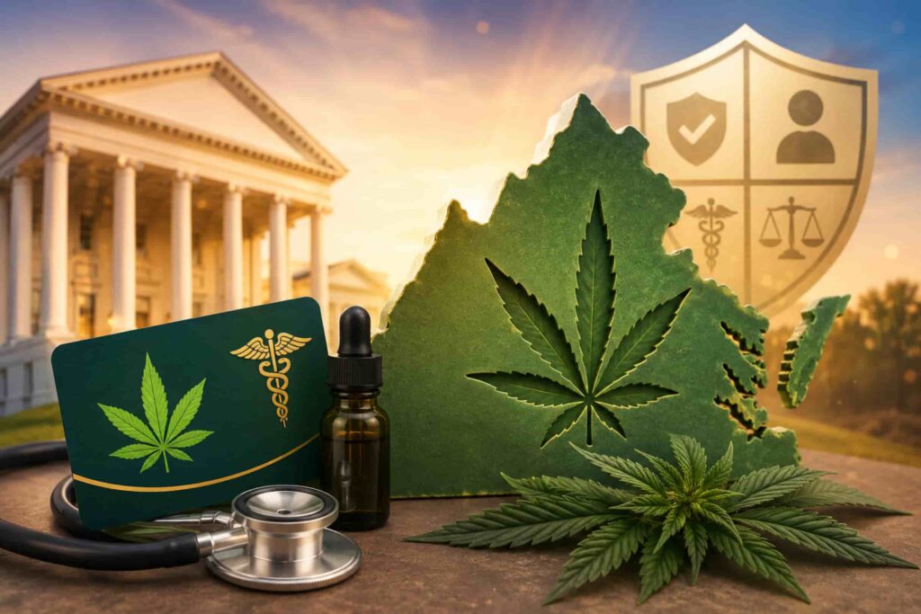 Virginia medical cannabis certification with medical supplies and cannabis products, illustrating the continuing benefits of medical marijuana after adult-use legalization.