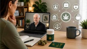 Patient participating in a telehealth consultation with a Virginia medical cannabis physician to discuss treatment options and medical marijuana certification.