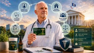 Physician wearing a stethoscope holding a Virginia medical cannabis patient card with infographic icons illustrating workplace protections, physician guidance, legal recognition, and patient benefits.