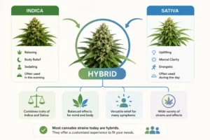 Infographic comparing indica and sativa characteristics and showing how hybrid cannabis combines traits from both for balanced medical effects.