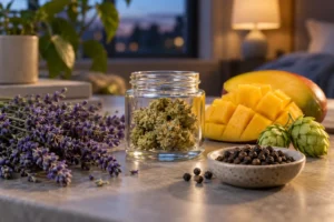 Medical cannabis flower beside lavender, mango, hops, and black peppercorns, illustrating plant sources of terpenes.