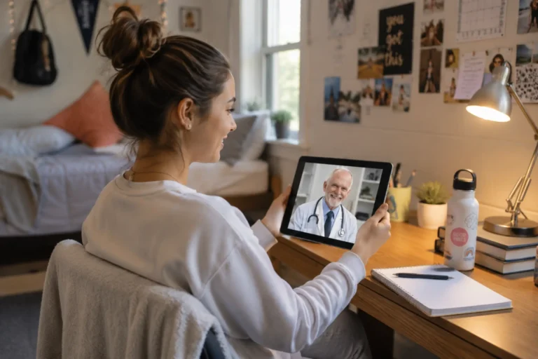 Young adult female college student in a dorm room participating in a telehealth appointment with a physician on a tablet.