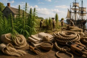 Colonial American farmers harvesting hemp with rope, fiber, sailing ships, and agricultural tools illustrating hemp's importance in early America.