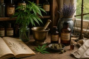 Colonial-era apothecary with cannabis plant, herbal tinctures, medicinal bottles, and pharmacy tools illustrating the historical medical use of cannabis.