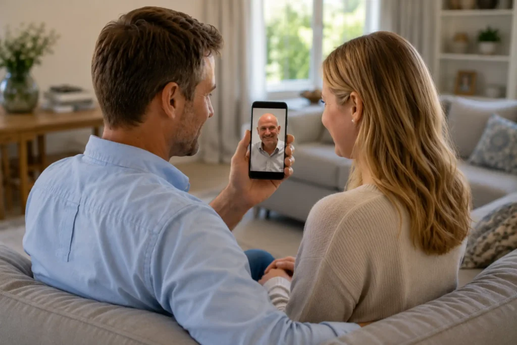 Couple sitting together at home during a telehealth appointment with a compassionate doctor on a smartphone video call.