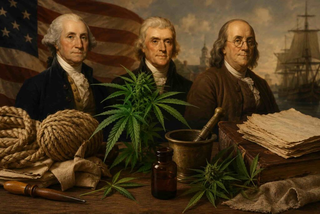 Historic illustration of America's Founding Fathers with hemp, colonial farming tools, ships, and medical apothecary items representing the role of cannabis in early America.