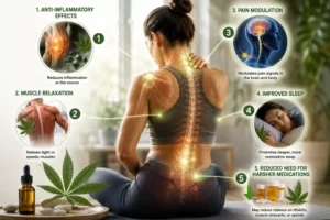 Medical infographic illustrating how medical cannabis may relieve musculoskeletal pain through anti-inflammatory effects, muscle relaxation, pain modulation, improved sleep, and reduced medication use.