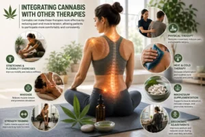Medical infographic illustrating how medical cannabis can complement physical therapy, stretching, massage, strength training, and other therapies for musculoskeletal pain.