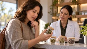 Patient compares medical cannabis flower options with a dispensary professional.