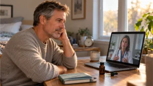 Middle-aged man discussing sleep concerns with a clinician during a telehealth visit.