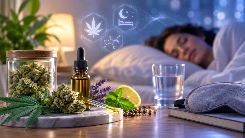 Medical marijuana and sleep concept featuring cannabis, terpene-rich botanicals, tincture, and a patient sleeping peacefully.