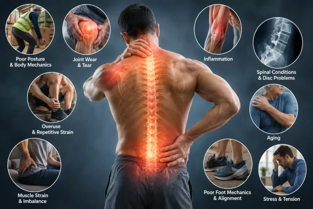 Medical infographic illustrating common causes of musculoskeletal pain, including inflammation, arthritis, repetitive strain injuries, spinal disorders, aging, poor posture, and muscle imbalance.