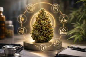 Artistic medical illustration of the OG Kush cannabis strain surrounded by healthcare symbols representing pain relief, sleep, anxiety, and other therapeutic uses in a clinical setting.
