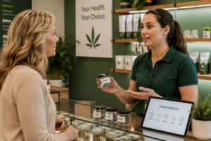 Patient speaking with a dispensary specialist about hybrid cannabis strains and their medical benefits.