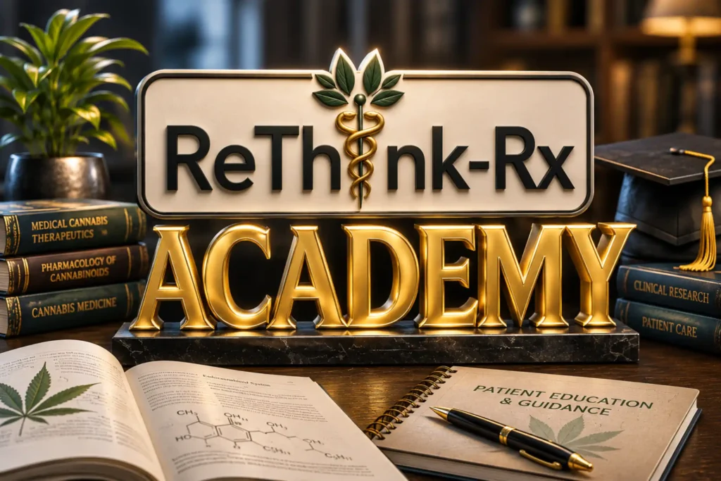 ReThink-Rx academy branding image with medical textbooks and supplies