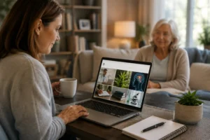Caregiver using the ReThink-Rx Academy website while an older patient looks on from the background in a comfortable home setting.