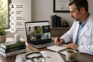 Physician using the ReThink-Rx Academy to review trusted medical cannabis educational resources in a modern clinical office.