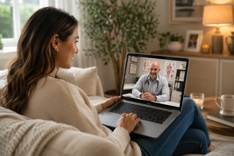 Adult woman relaxing in her living room while participating in a telehealth appointment with a ReThink-Rx physician displayed on her laptop.