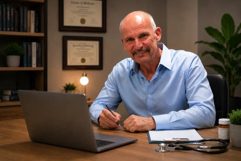 Experienced ReThink-Rx physician smiling during a professional telehealth consultation, seated at a modern medical office desk with a laptop, clipboard, stethoscope, and medical diplomas in the background.