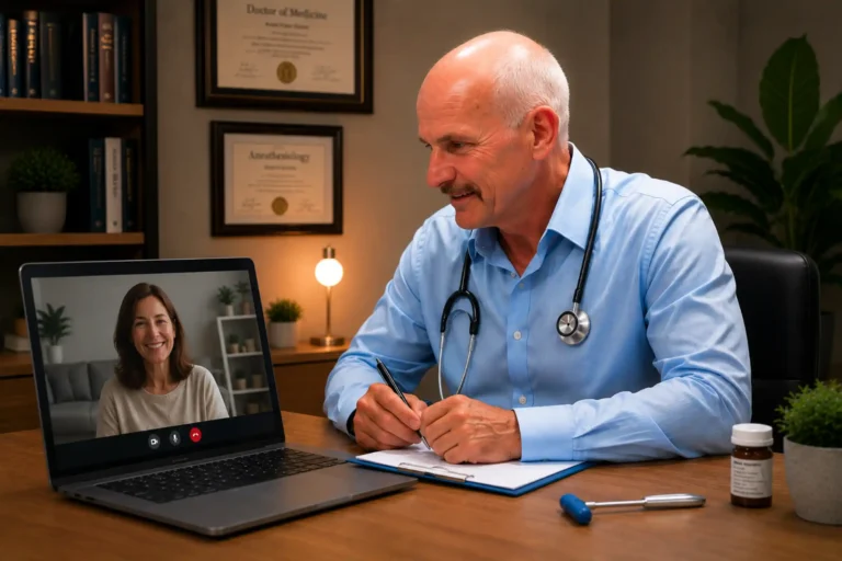 Experienced ReThink-Rx physician smiling during a professional telehealth consultation, seated at a modern medical office desk with a laptop, clipboard, stethoscope, and medical diplomas in the background.