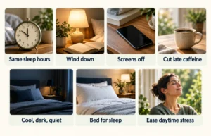Infographic showing seven sleep habits: consistent hours, winding down, turning off screens, avoiding late caffeine, preparing a cool and quiet bedroom, reserving the bed for sleep, and easing daytime stress.