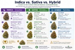 Infographic comparing the top 10 medical cannabis strains, including popular indica, sativa, and hybrid varieties with their THC, CBD, terpene profiles, and common medical uses.