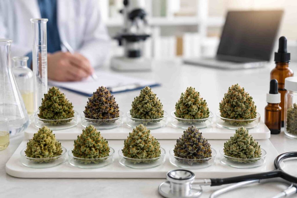 Ten medical cannabis strains displayed in a modern clinical laboratory with medical equipment, illustrating the diversity of cannabis cultivars used in medical treatment.