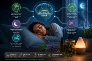 Infographic showing how medical cannabis may support relaxation, falling asleep, sleep quality, nighttime comfort, and restful sleep.