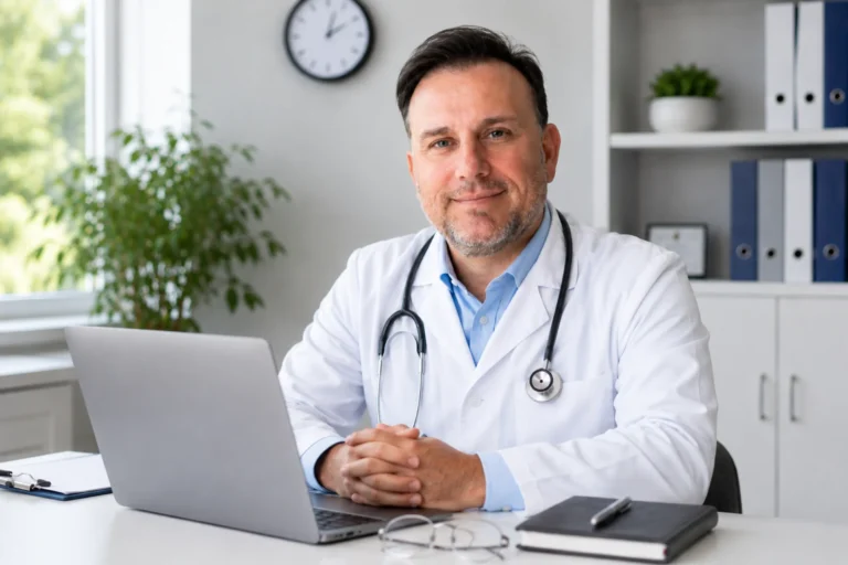 A relaxed friendly medical cannabis expert prepares for a telehealth visit with a patient