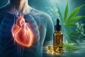 Medical illustration showing the heart alongside CBD oil, representing research into cannabidiol for recurrent pericarditis and inflammation.