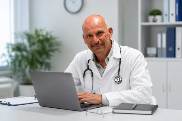 Friendly doctor preparing for a telehealth visit to evaluate a patient with pain,anxiety and sleep trouble