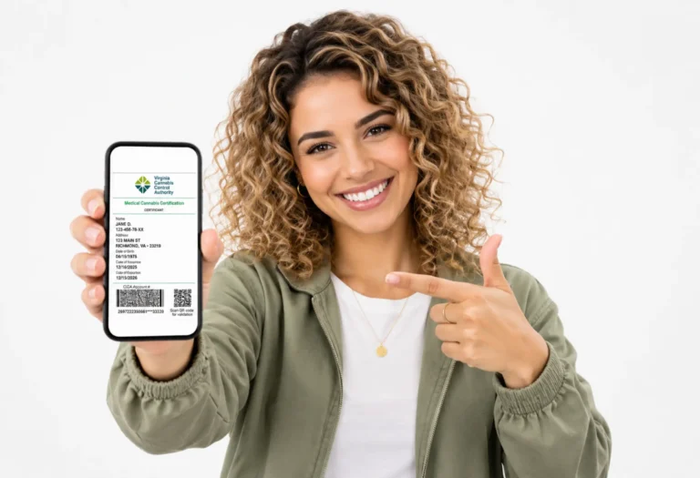 Happy young adult female patient shows her medical card on her phone