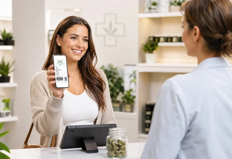 Patient showing her digital medical cannabis certification on her phone to dispensary staff in Virginia.