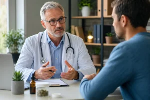 Doctor evaluating a patient to determine whether medical cannabis certification is safe and appropriate in Virginia.