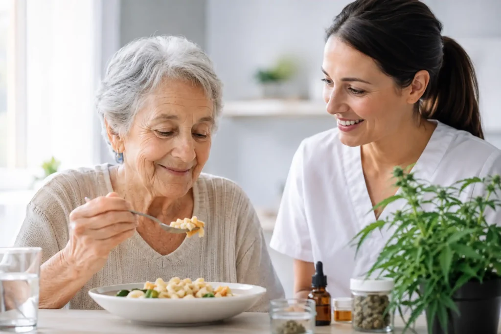 Older patient enjoying a healthy meal with caregiver support while exploring medical marijuana for appetite loss.