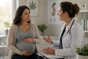 Pregnant patient discussing medical cannabis safety and certification with her doctor in Virginia.