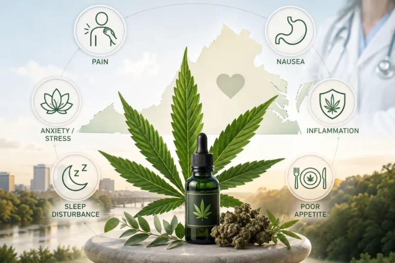Medical marijuana in Virginia infographic showing common symptoms including pain, anxiety, sleep problems, nausea, inflammation, and poor appetite.