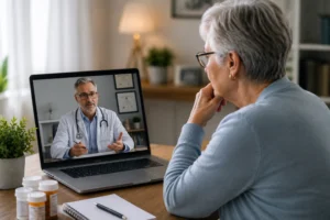 Older patient discussing multiple medical conditions and medical cannabis certification with a Virginia doctor by telehealth.