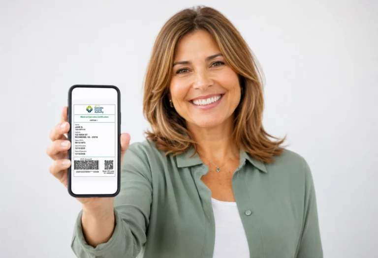 a happy female patient shows her medical cannabis card on her phone
