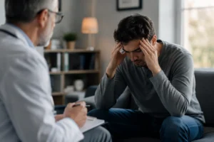 Doctor evaluating a patient with mental health symptoms that may require caution with THC-containing medical cannabis.
