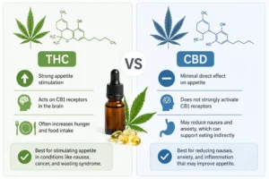 THC vs CBD infographic comparing how each cannabinoid may affect appetite, nausea, and food intake.