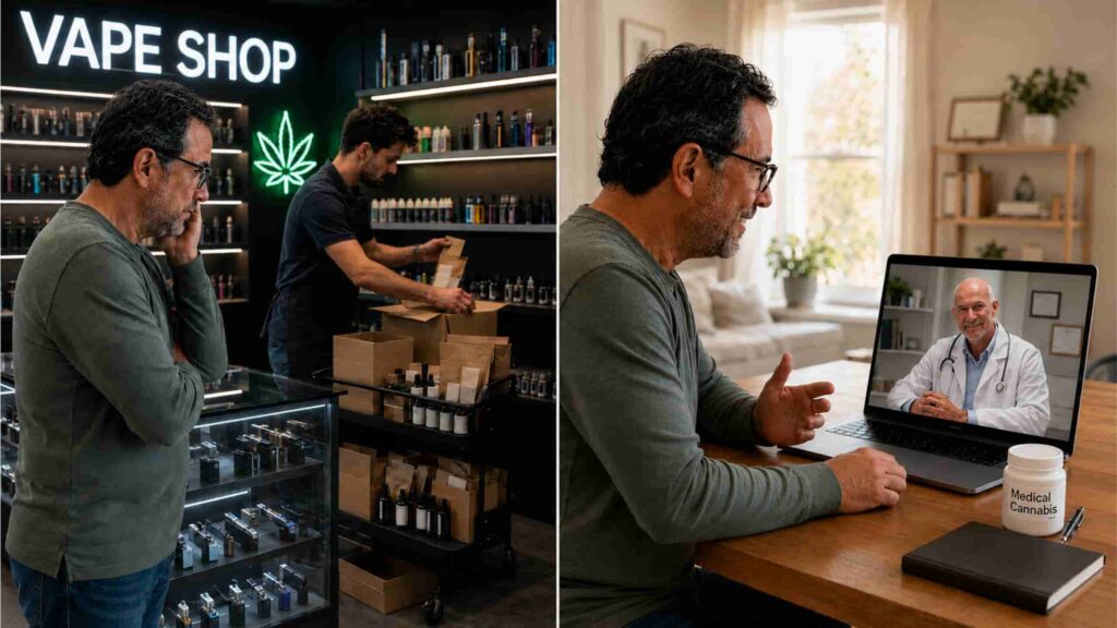 Virginia patient watches hemp products removed from store shelves before receiving medical cannabis certification through telehealth.