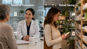 Side-by-side comparison of Virginia medical cannabis certification and dispensary access versus retail hemp products sold without patient certification.