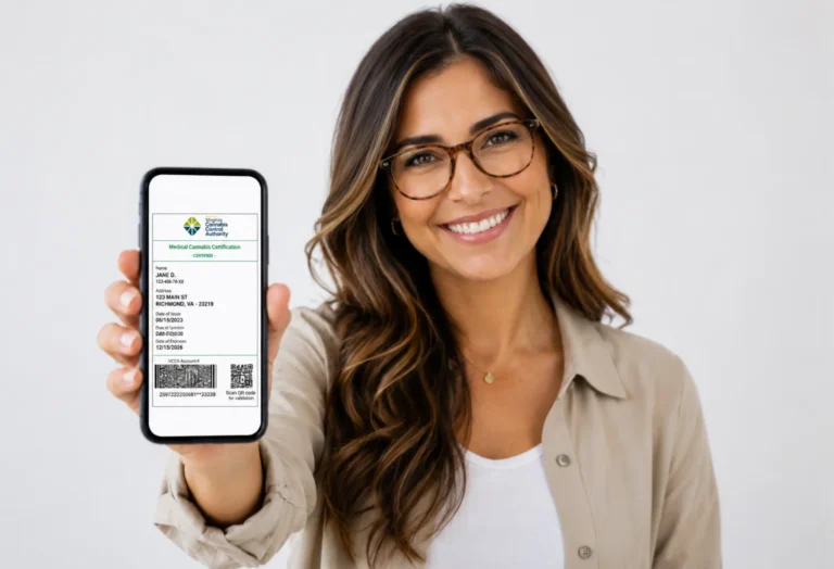 Smiling woman with glasses showing her Virginia medical cannabis certification on a smartphone.