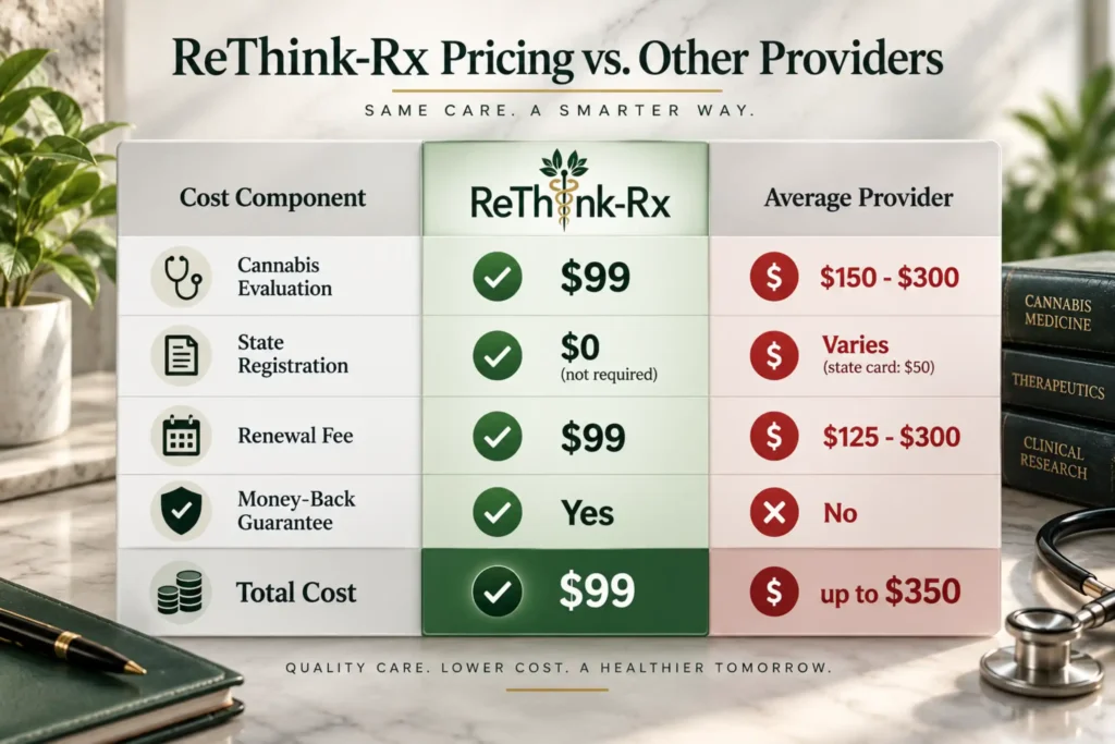 ReThink-Rx medical marijuana card pricing comparison showing a $99 evaluation, no state registration fee, $99 renewal, and money-back guarantee.