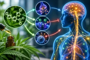 Medical illustration showing how CBD influences the endocannabinoid system, brain signaling, cannabinoid receptors, and immune activity.