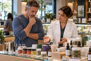 Male patient comparing medical cannabis products with help from a dispensary pharmacist.